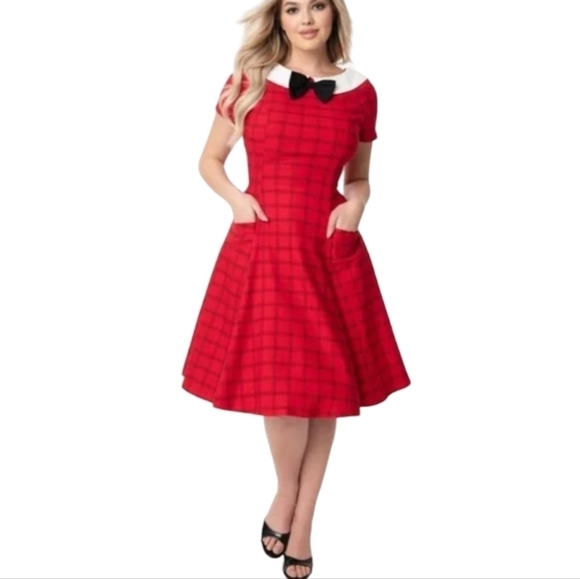 Unique Vintage Red Retro Eloise Midi Swing Dress Size XS / 2 - Picture 1 of 5